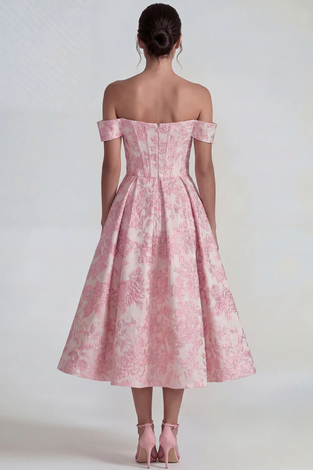 Off the Shoulder Pink Jacquard Corset A Line Midi Dress - Image 2