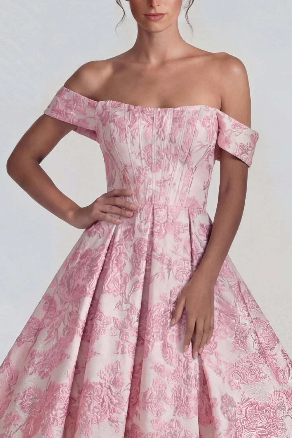 Off the Shoulder Pink Jacquard Corset A Line Midi Dress - Image 3