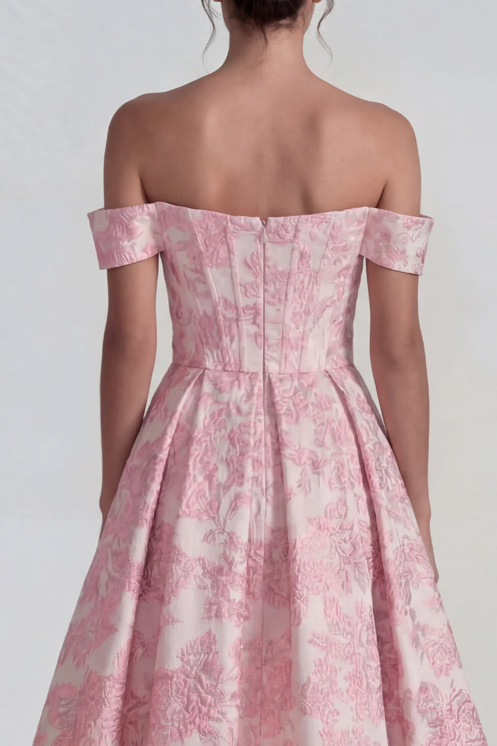 Off the Shoulder Pink Jacquard Corset A Line Midi Dress - Image 4