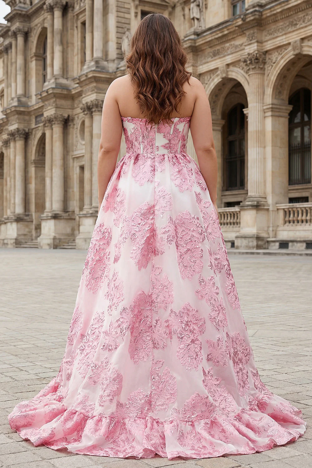 Pink Jacquard Strapless A Line Corset Long Plus Size Prom Dress with Slit - Image 2