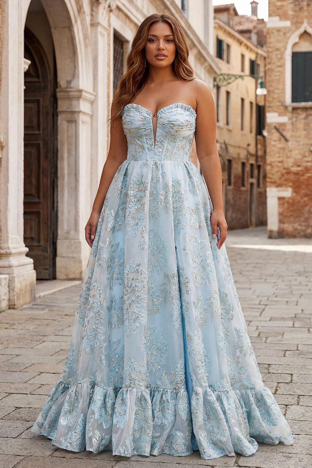 Pink Jacquard Strapless A Line Corset Long Plus Size Prom Dress with Slit - Image 5