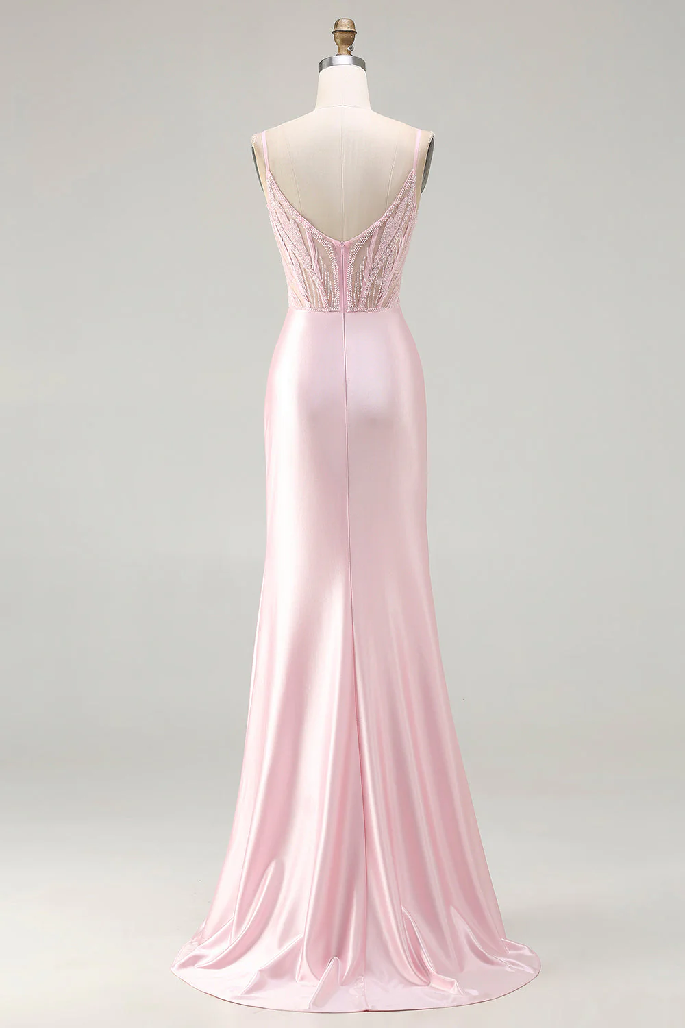 Pink Mermaid Beaded Corset Ruched Long Prom Dress with Slit - Image 2