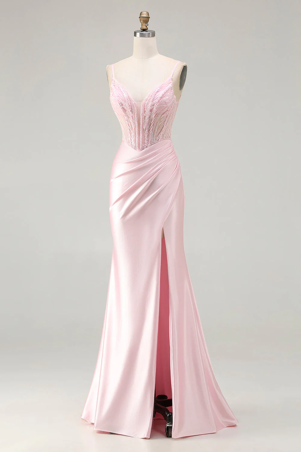 Pink Mermaid Beaded Corset Ruched Long Prom Dress with Slit - Image 3