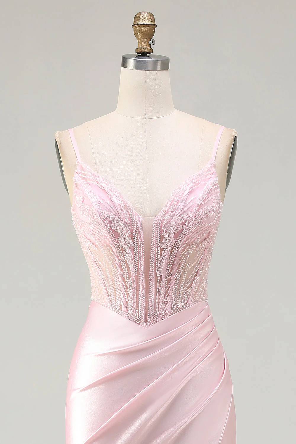 Pink Mermaid Beaded Corset Ruched Long Prom Dress with Slit - Image 4