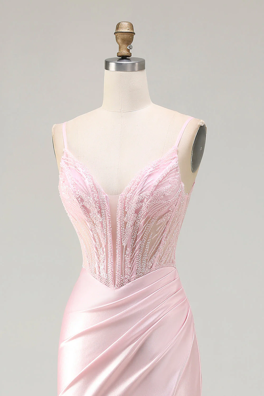 Pink Mermaid Beaded Corset Ruched Long Prom Dress with Slit - Image 6