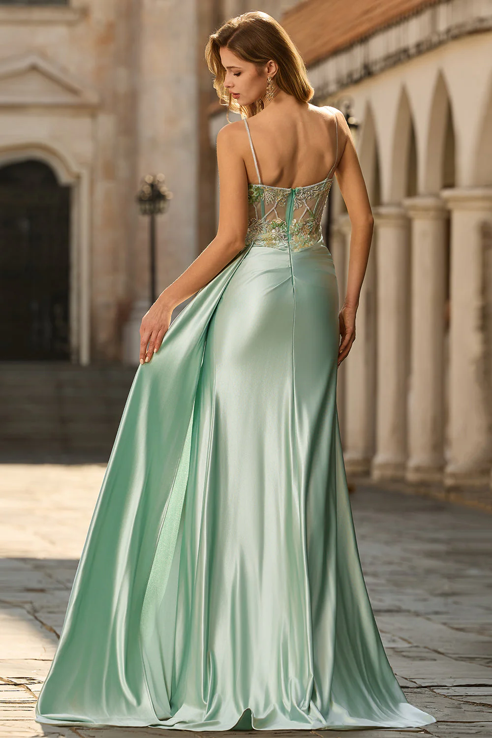 Pink Mermaid Beaded Corset Satin Long Prom Dress with Side Drape - Image 11