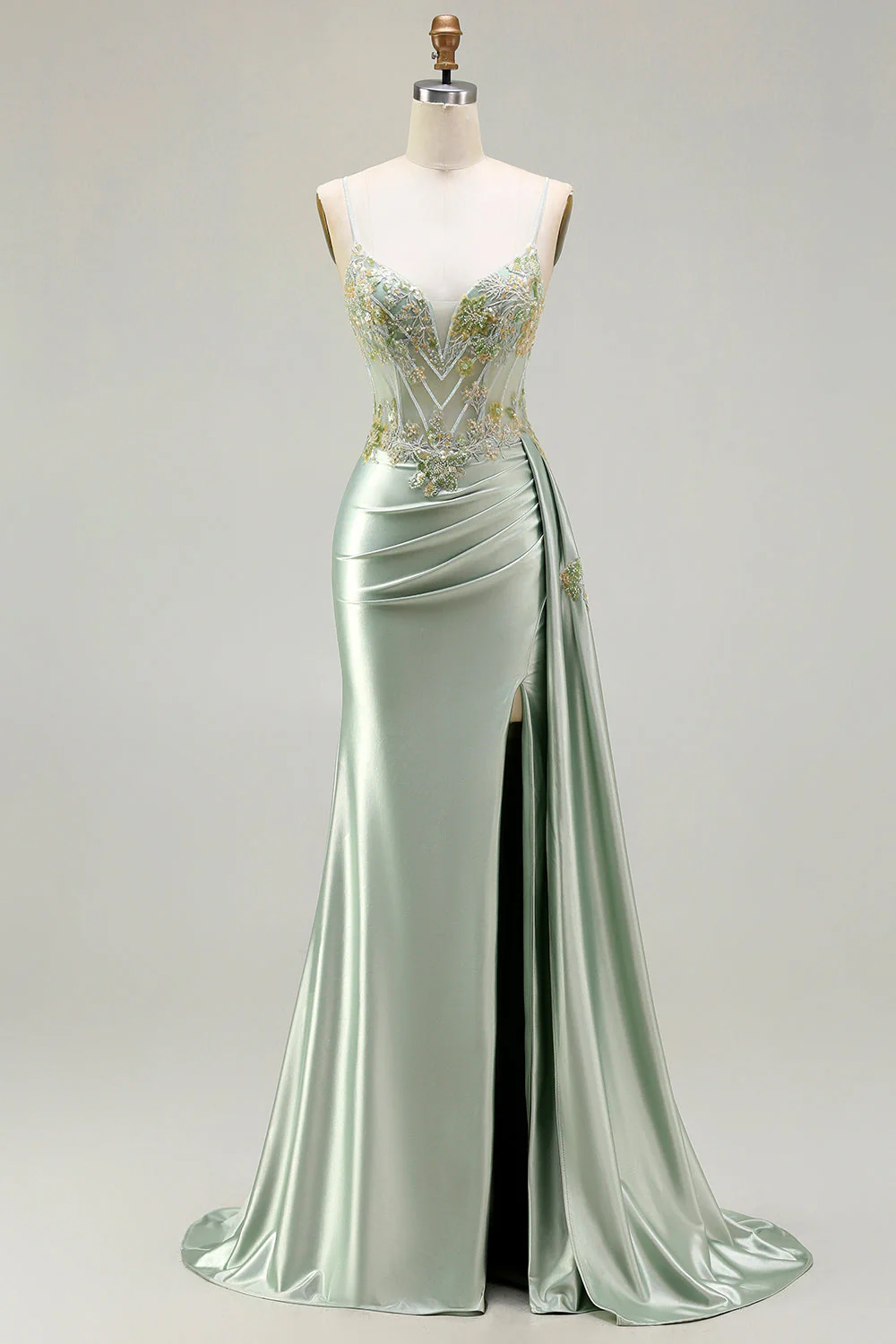 Pink Mermaid Beaded Corset Satin Long Prom Dress with Side Drape - Image 17