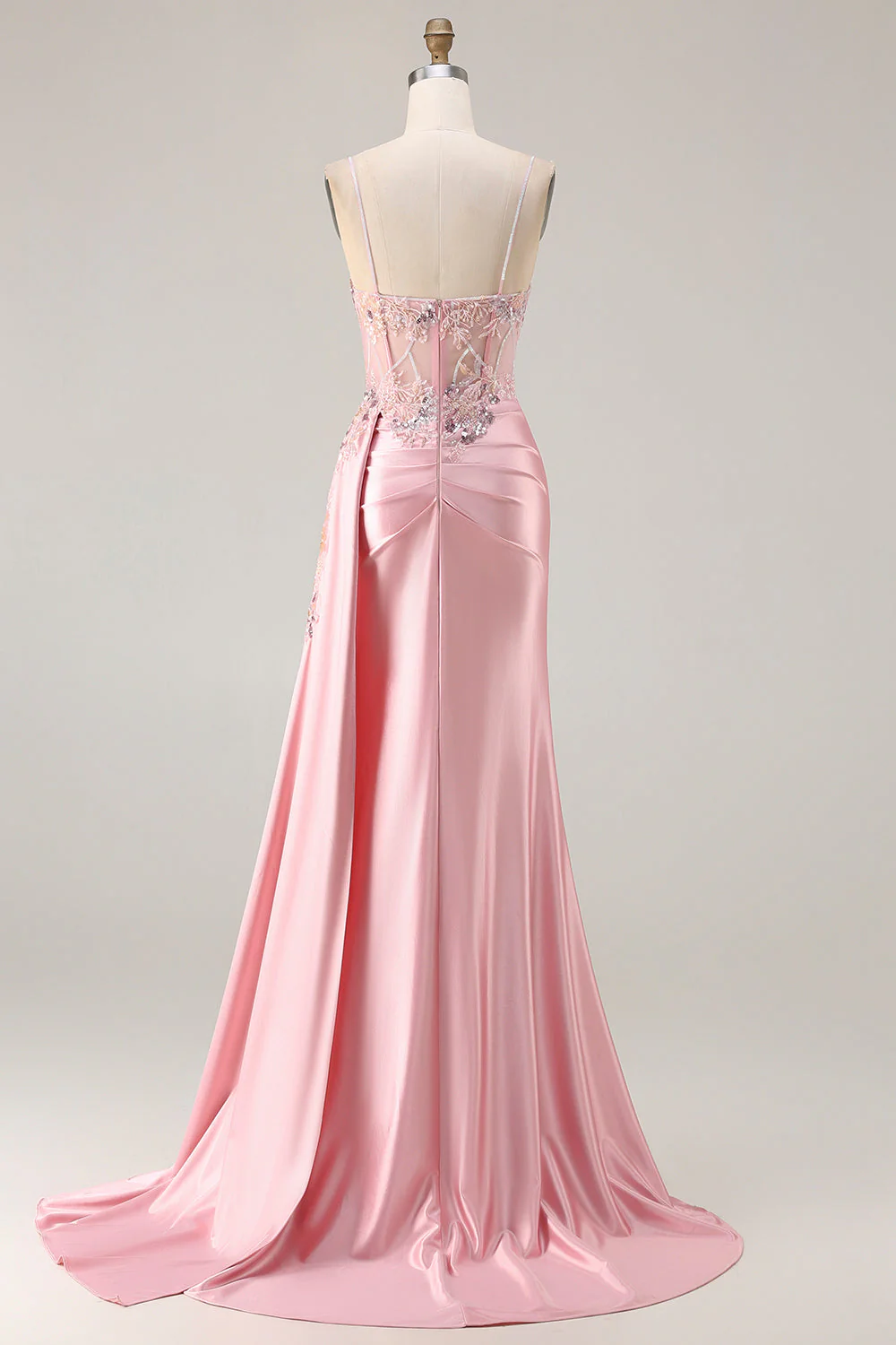 Pink Mermaid Beaded Corset Satin Long Prom Dress with Side Drape - Image 9