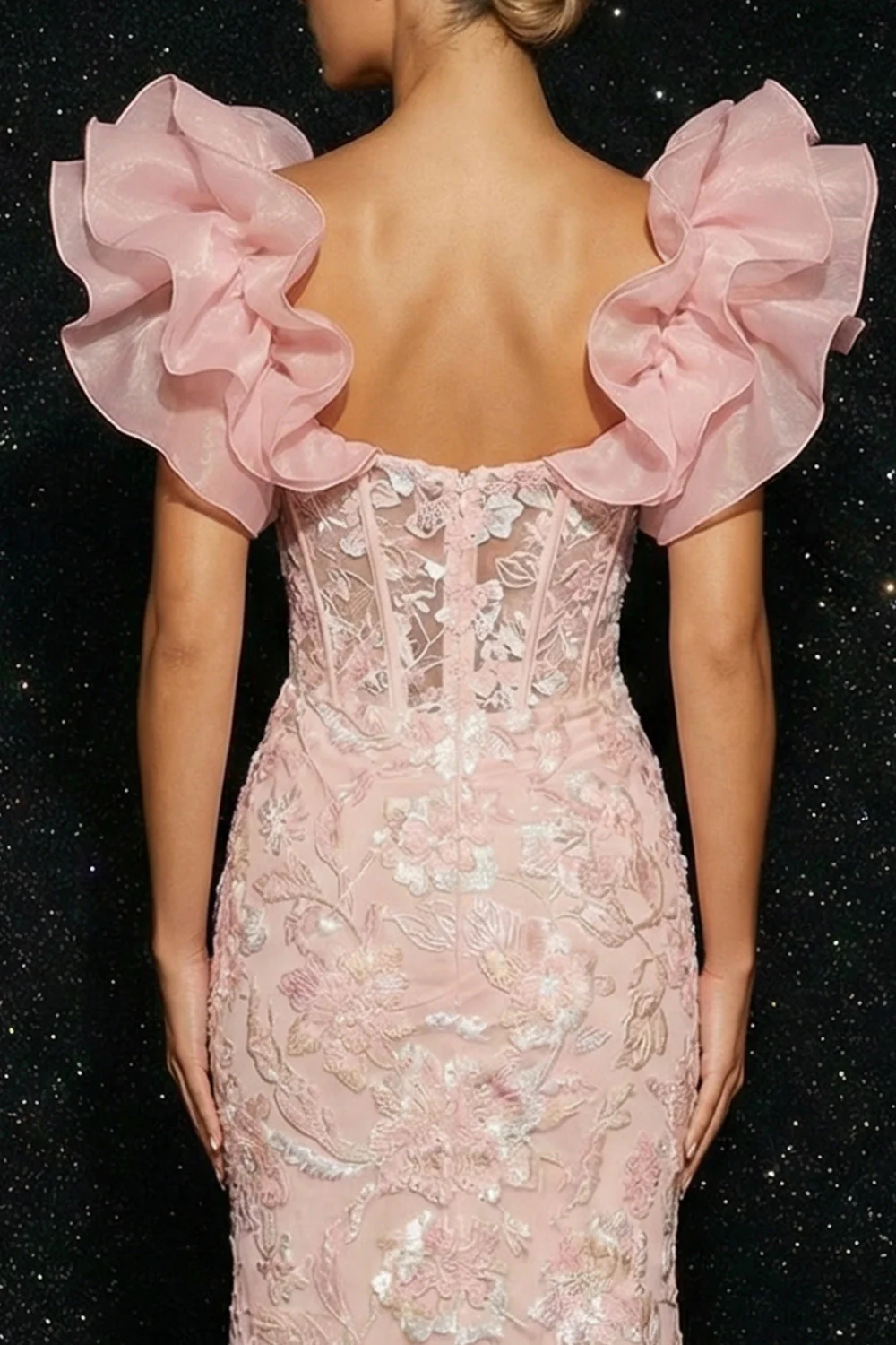 Pink Mermaid Corset Sequins Side Slit Long Evening Dress with Ruffle Sleeves - Image 4