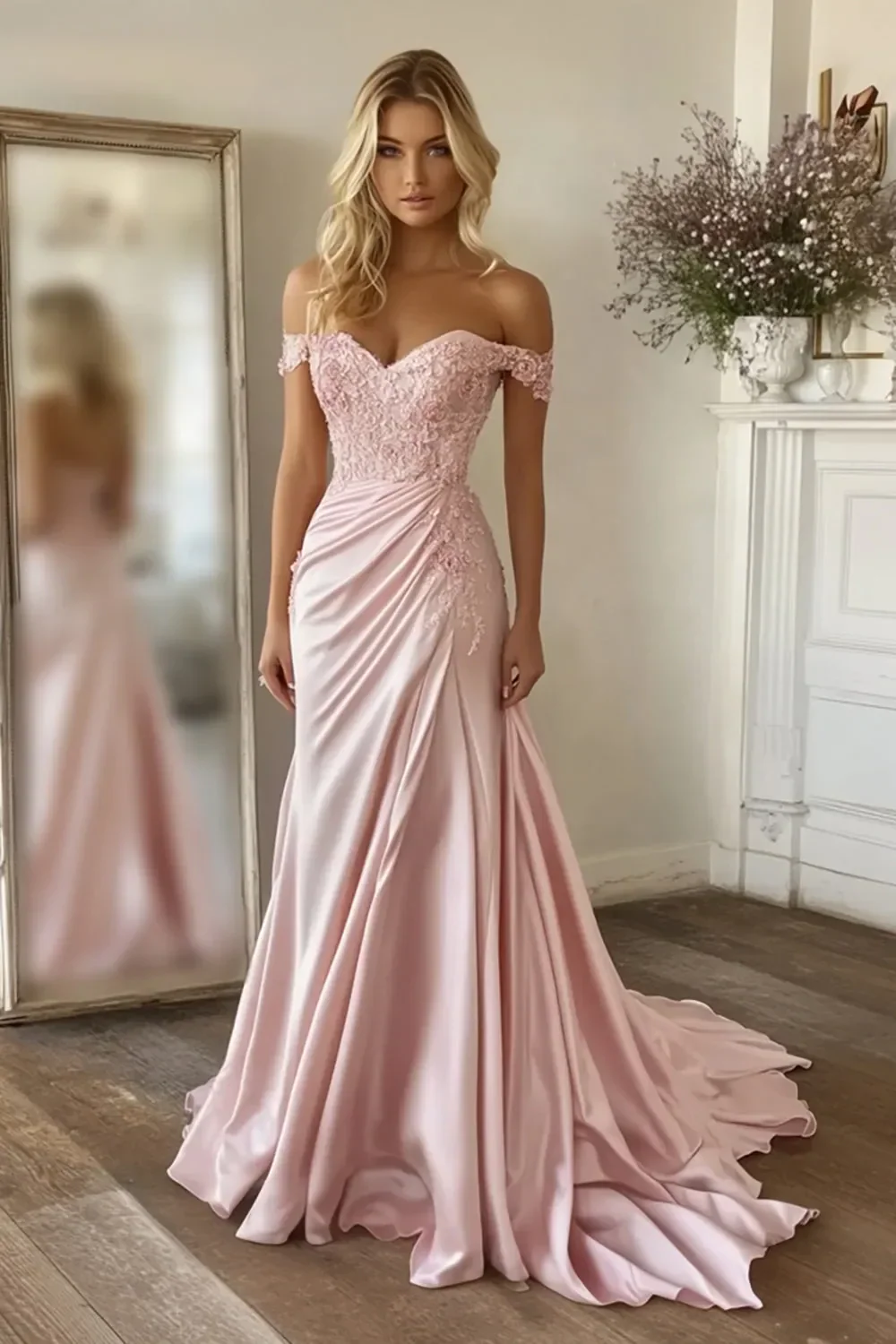 Pink Mermaid Off the Shoulder Long Prom Dress with Appliques - Image 3