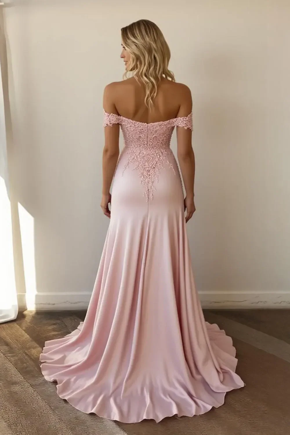 Pink Mermaid Off the Shoulder Long Prom Dress with Appliques - Image 4