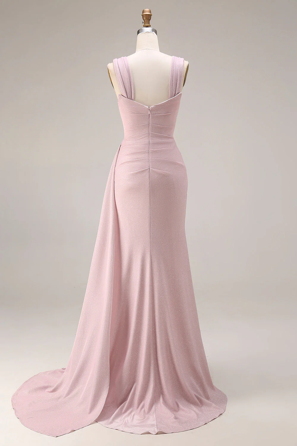 Pink Mermaid Pleated Satin Side Slit Long Prom Dress with Cape - Image 2