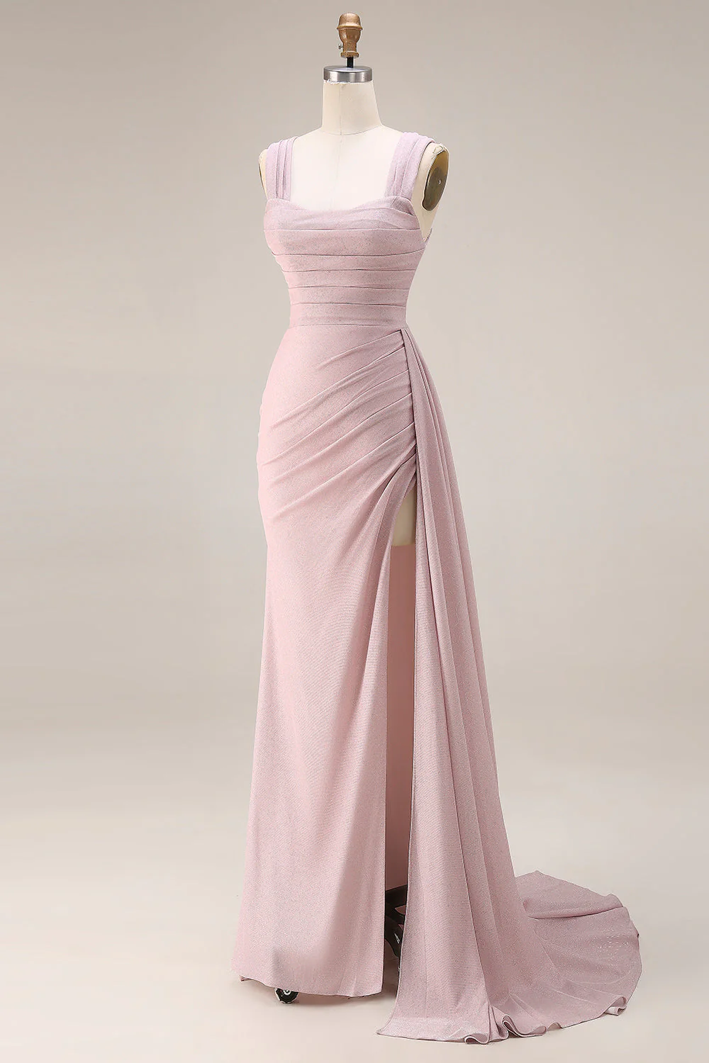 Pink Mermaid Pleated Satin Side Slit Long Prom Dress with Cape - Image 3