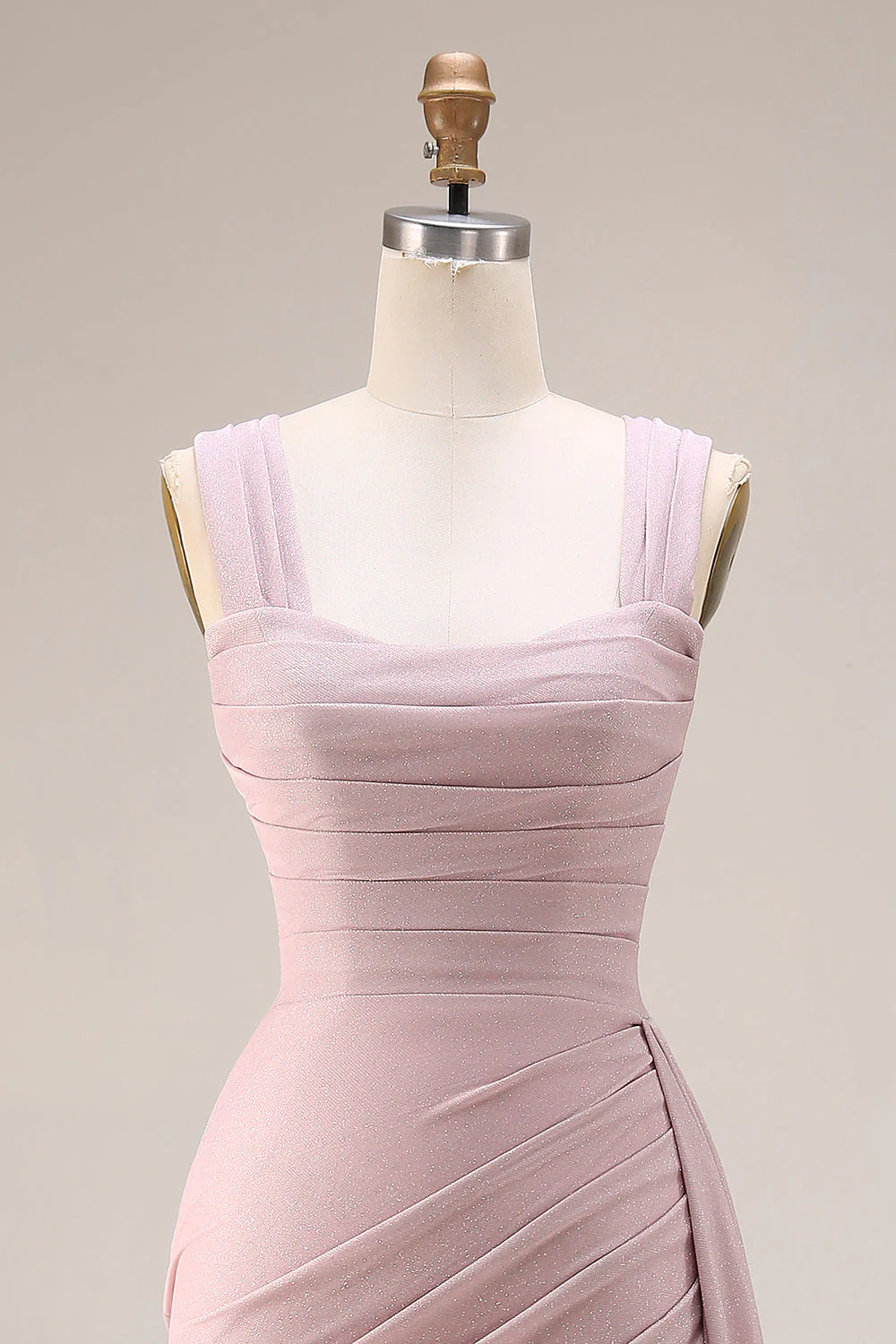 Pink Mermaid Pleated Satin Side Slit Long Prom Dress with Cape - Image 4