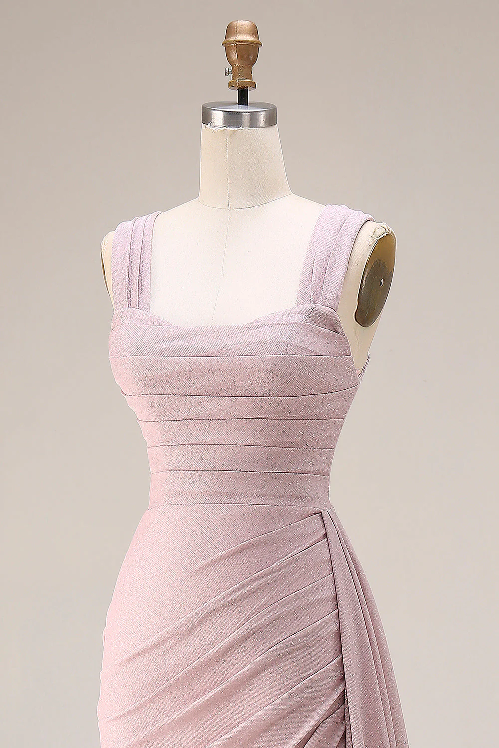 Pink Mermaid Pleated Satin Side Slit Long Prom Dress with Cape - Image 6