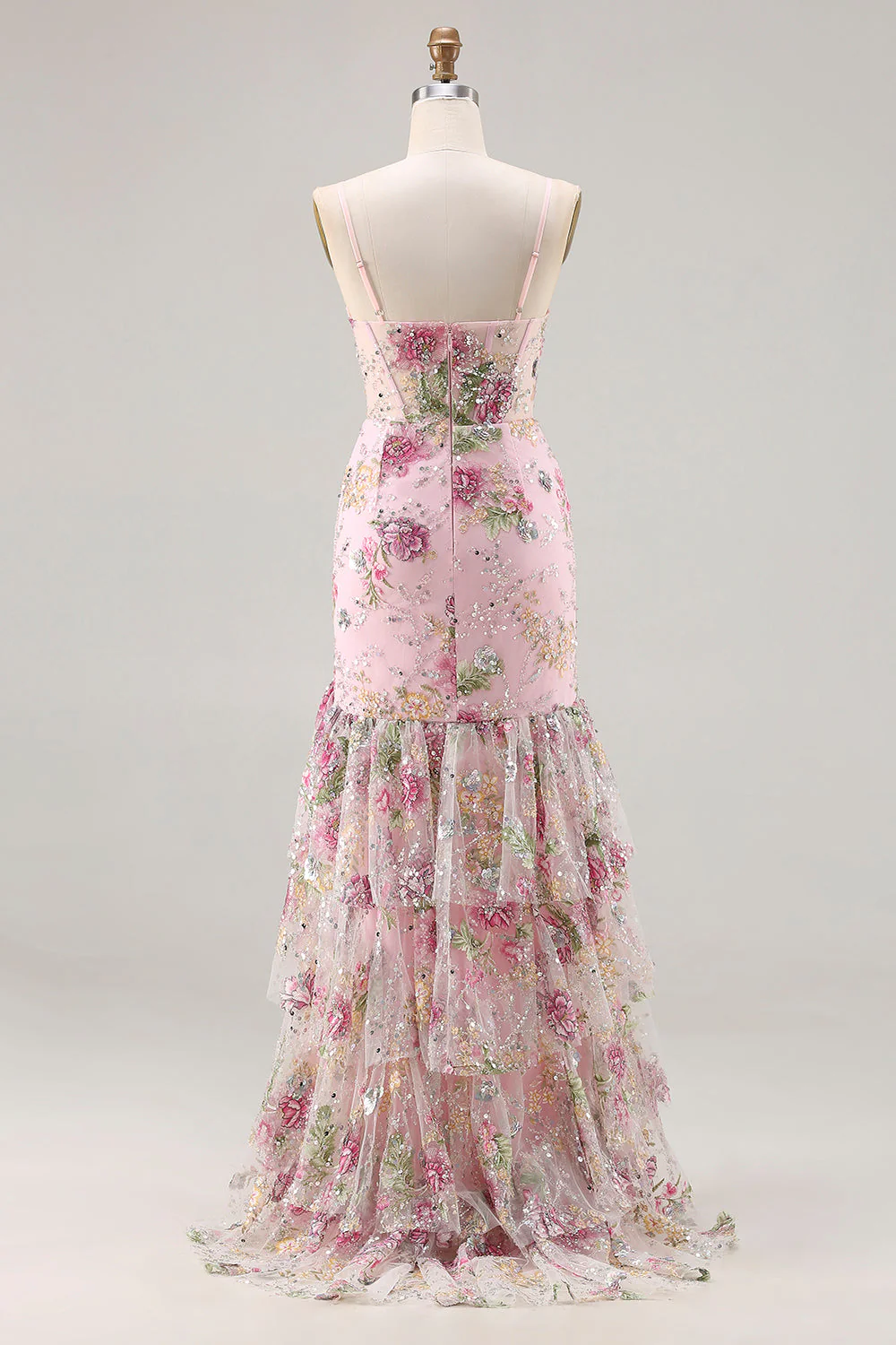 Pink Mermaid Sequin Floral Tiered Ruffle Long Prom Dress with Slit - Image 2