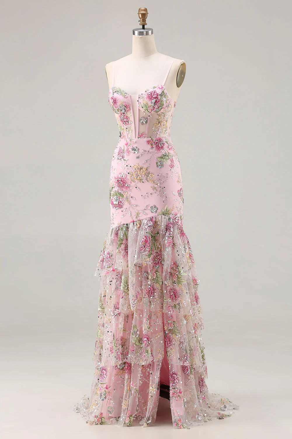 Pink Mermaid Sequin Floral Tiered Ruffle Long Prom Dress with Slit - Image 3