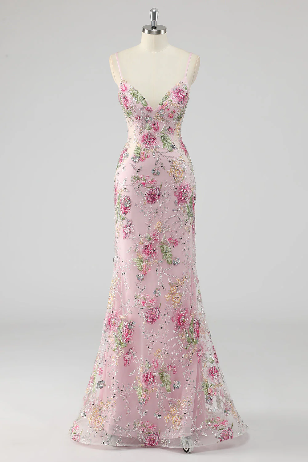 Pink Mermaid Sequins Floral Plus Size Long Prom Dress with Lace Up Back - Image 6
