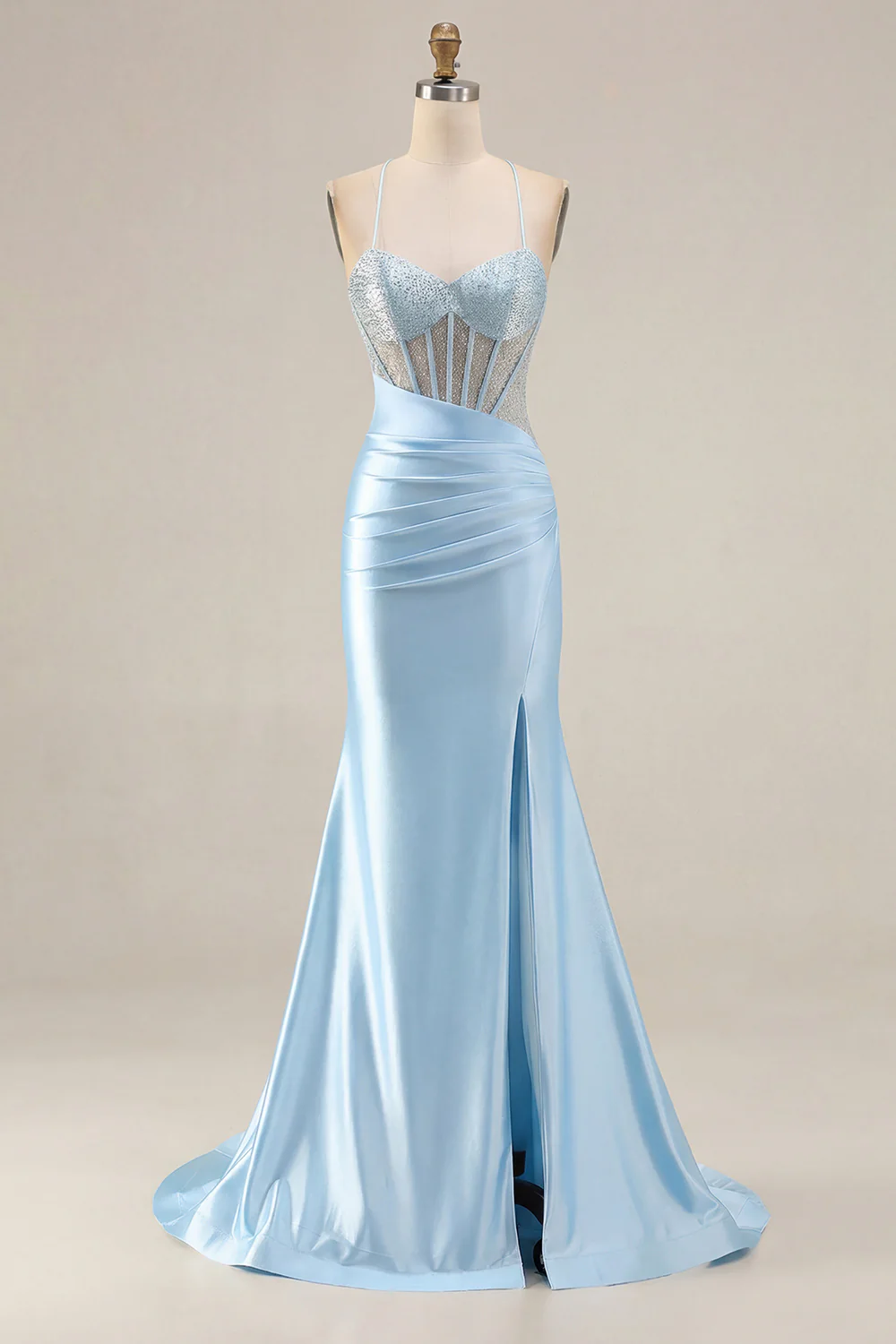 Pink Mermaid Spaghetti Straps Beaded Corset Long Plus Size Prom Dress with Slit - Image 10