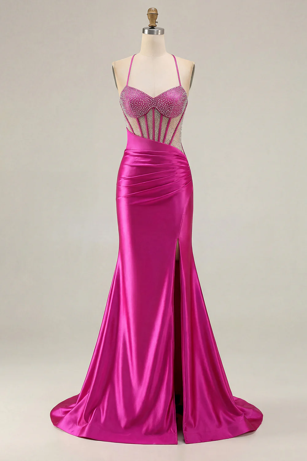 Pink Mermaid Spaghetti Straps Beaded Corset Long Plus Size Prom Dress with Slit - Image 11