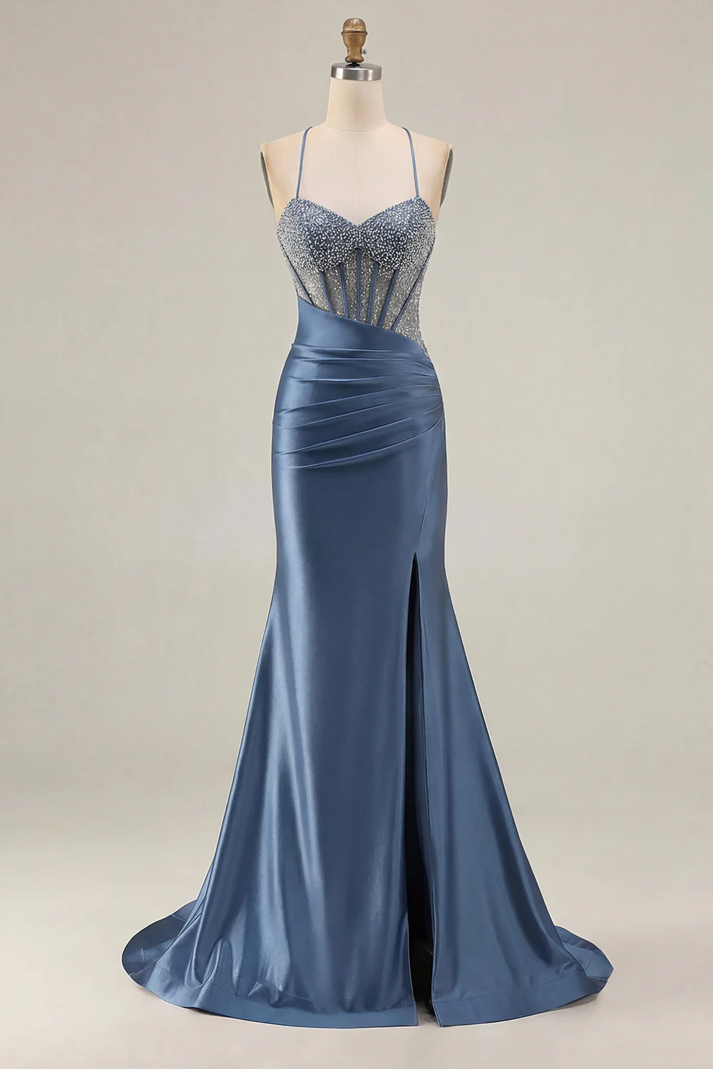 Pink Mermaid Spaghetti Straps Beaded Corset Long Plus Size Prom Dress with Slit - Image 12