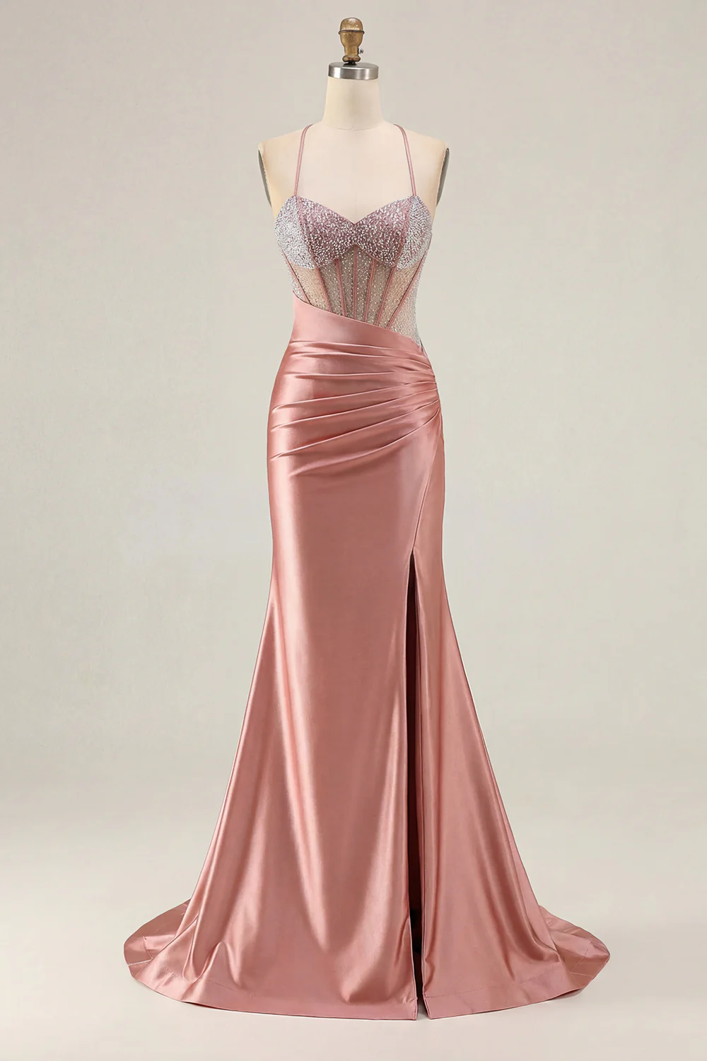 Pink Mermaid Spaghetti Straps Beaded Corset Long Plus Size Prom Dress with Slit - Image 13