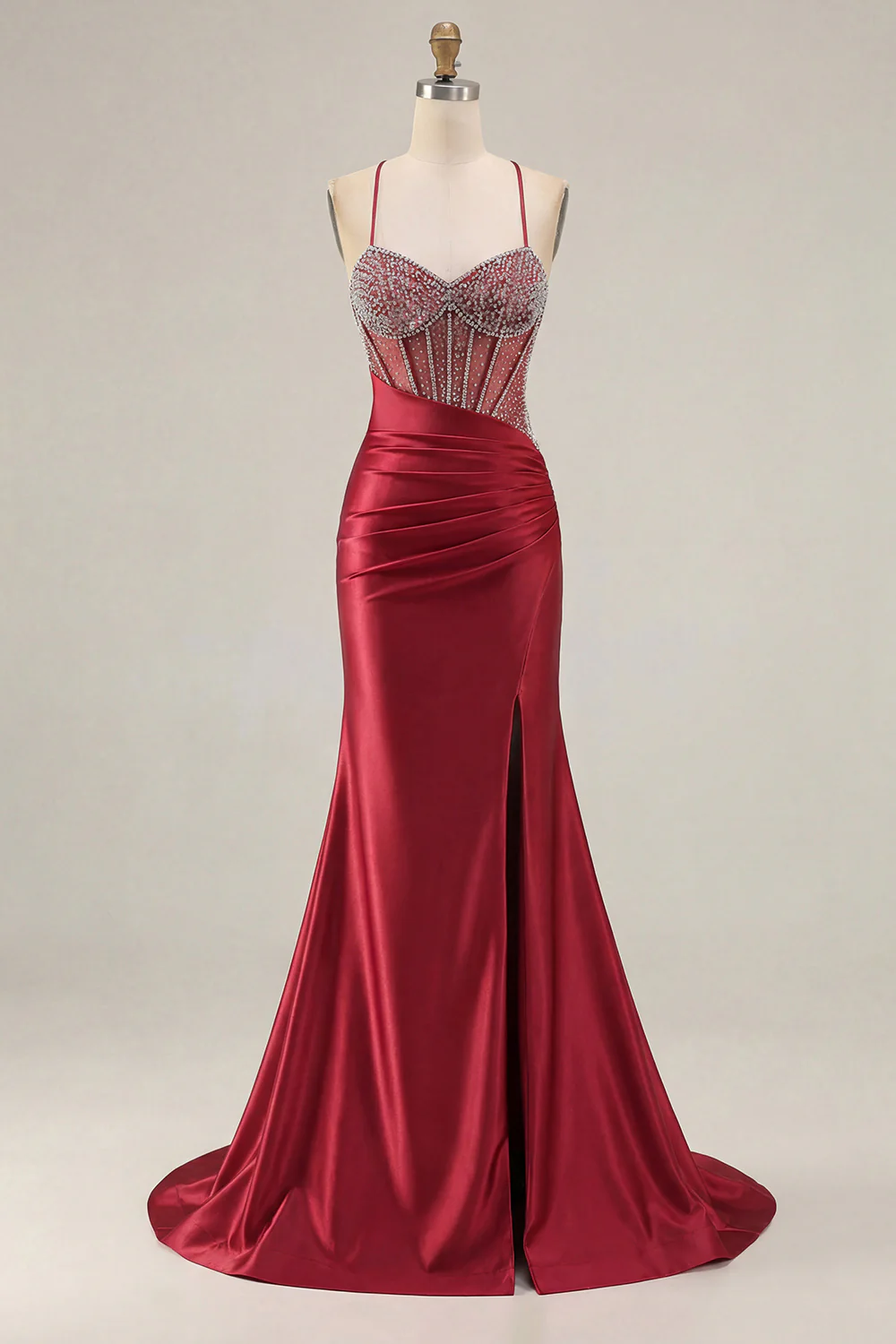 Pink Mermaid Spaghetti Straps Beaded Corset Long Plus Size Prom Dress with Slit - Image 14