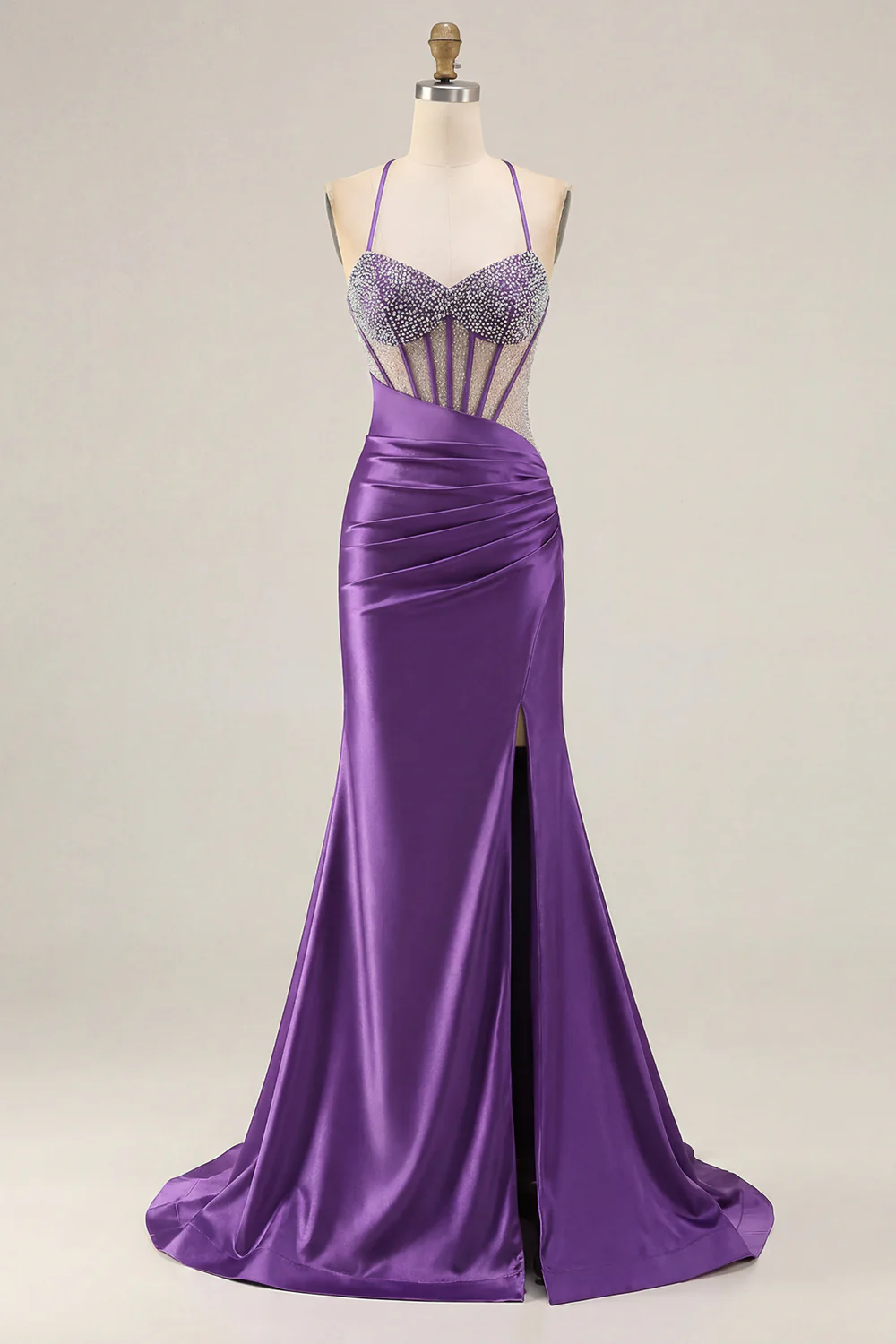 Pink Mermaid Spaghetti Straps Beaded Corset Long Plus Size Prom Dress with Slit - Image 15