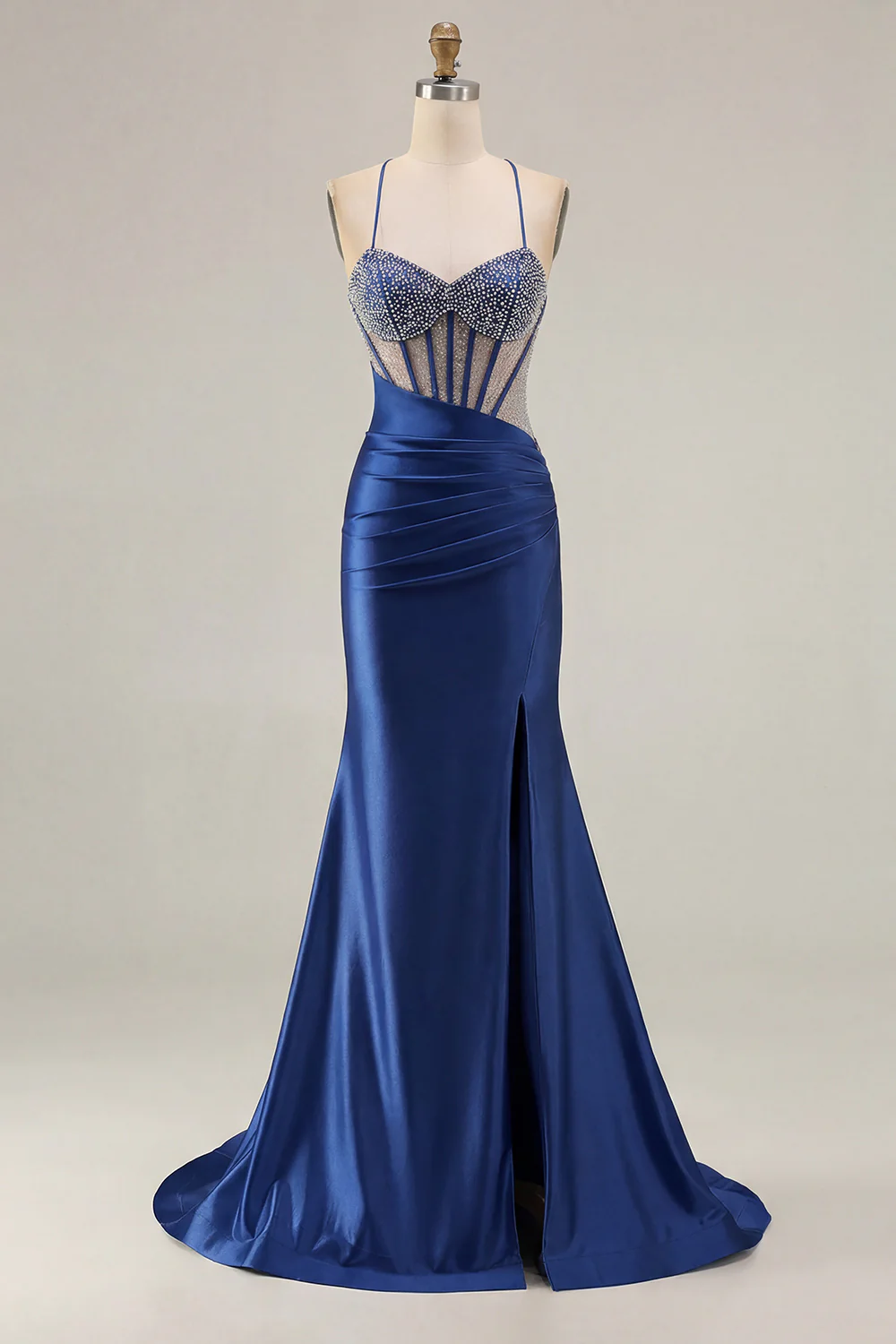 Pink Mermaid Spaghetti Straps Beaded Corset Long Plus Size Prom Dress with Slit - Image 16