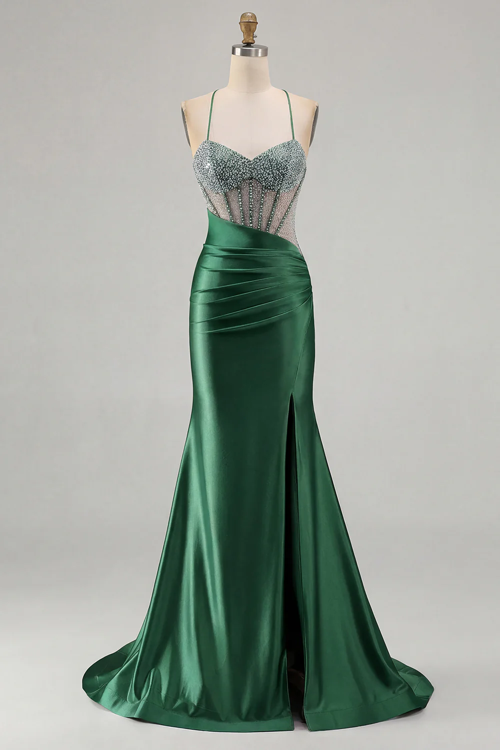 Pink Mermaid Spaghetti Straps Beaded Corset Long Plus Size Prom Dress with Slit - Image 17