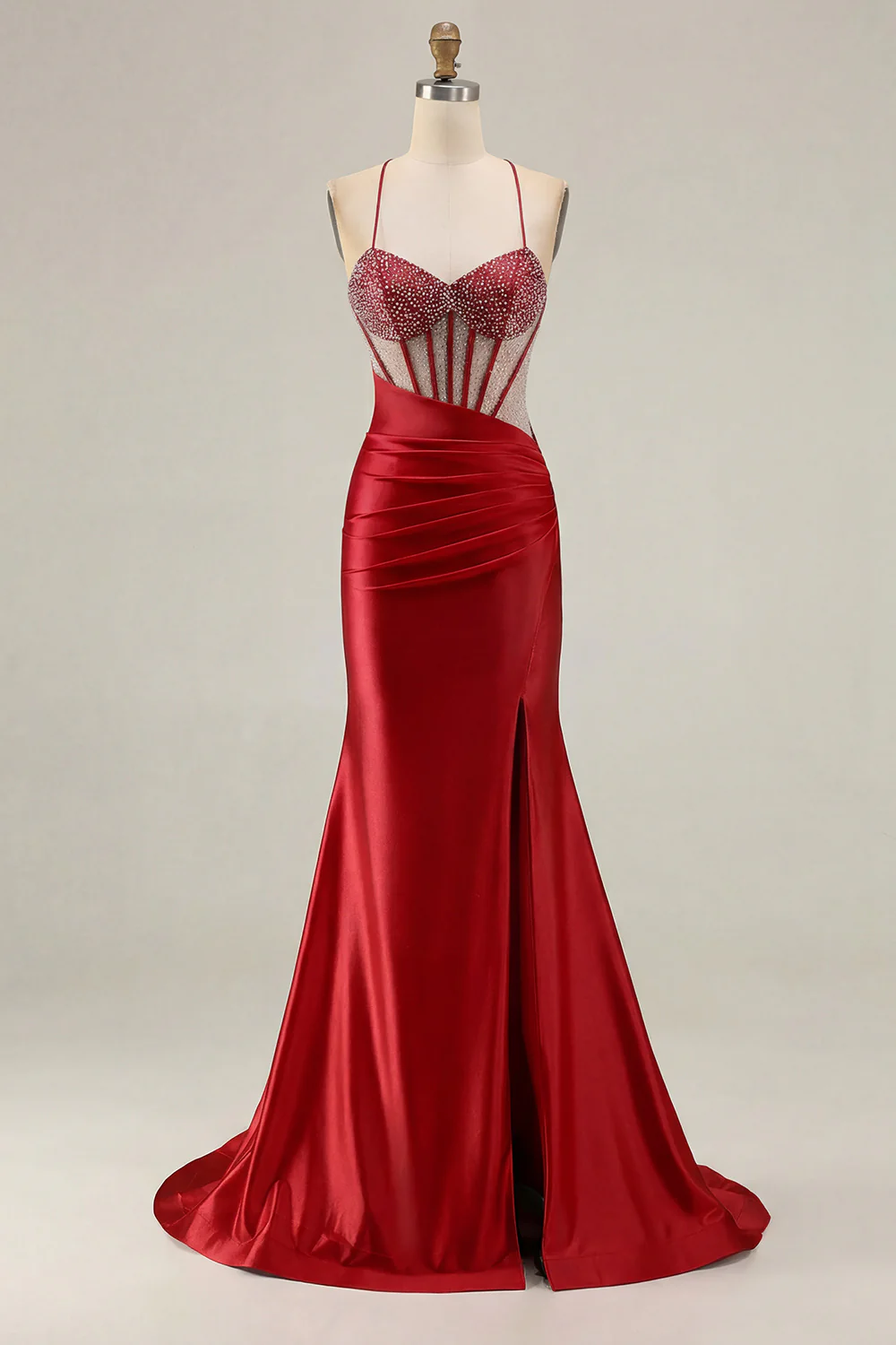 Pink Mermaid Spaghetti Straps Beaded Corset Long Plus Size Prom Dress with Slit - Image 18