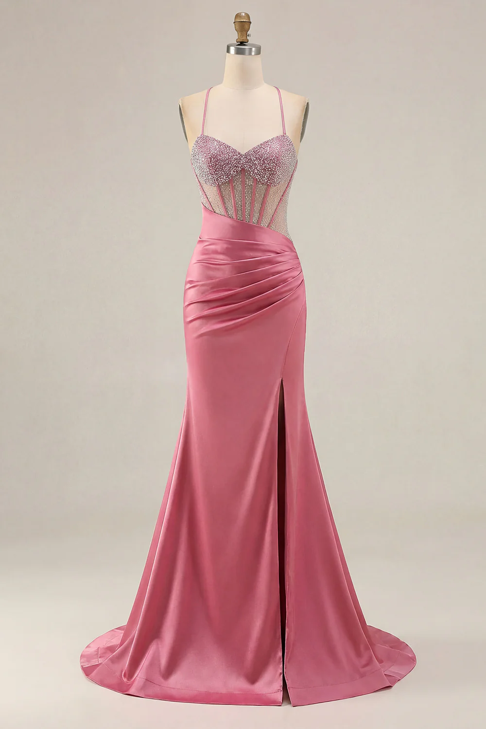 Pink Mermaid Spaghetti Straps Beaded Corset Long Plus Size Prom Dress with Slit - Image 19