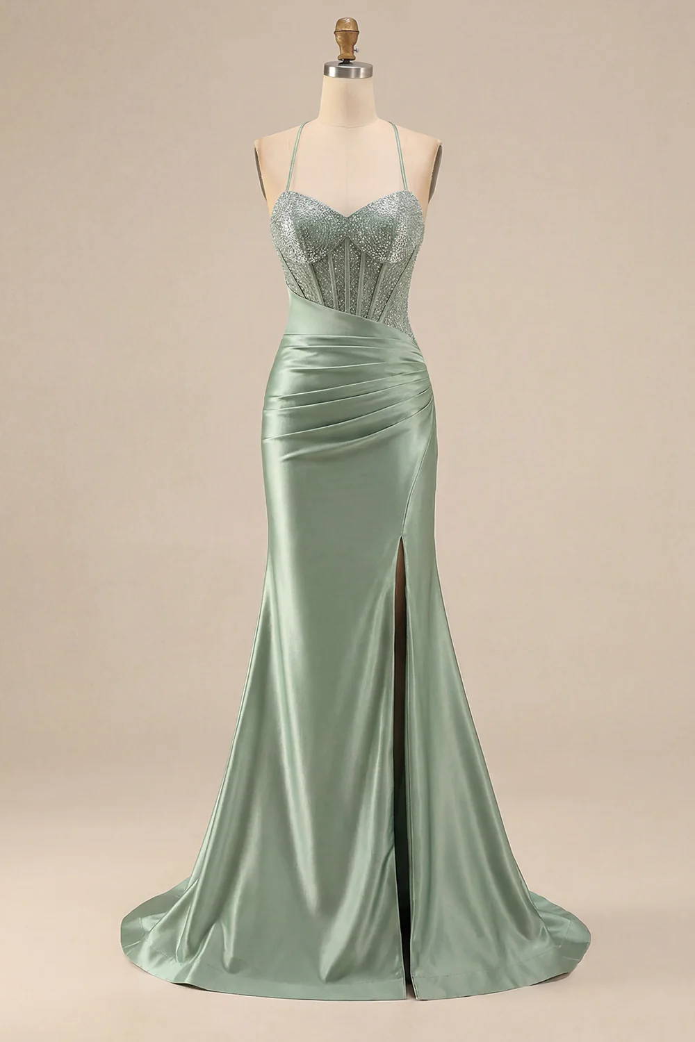Pink Mermaid Spaghetti Straps Beaded Corset Long Plus Size Prom Dress with Slit - Image 5