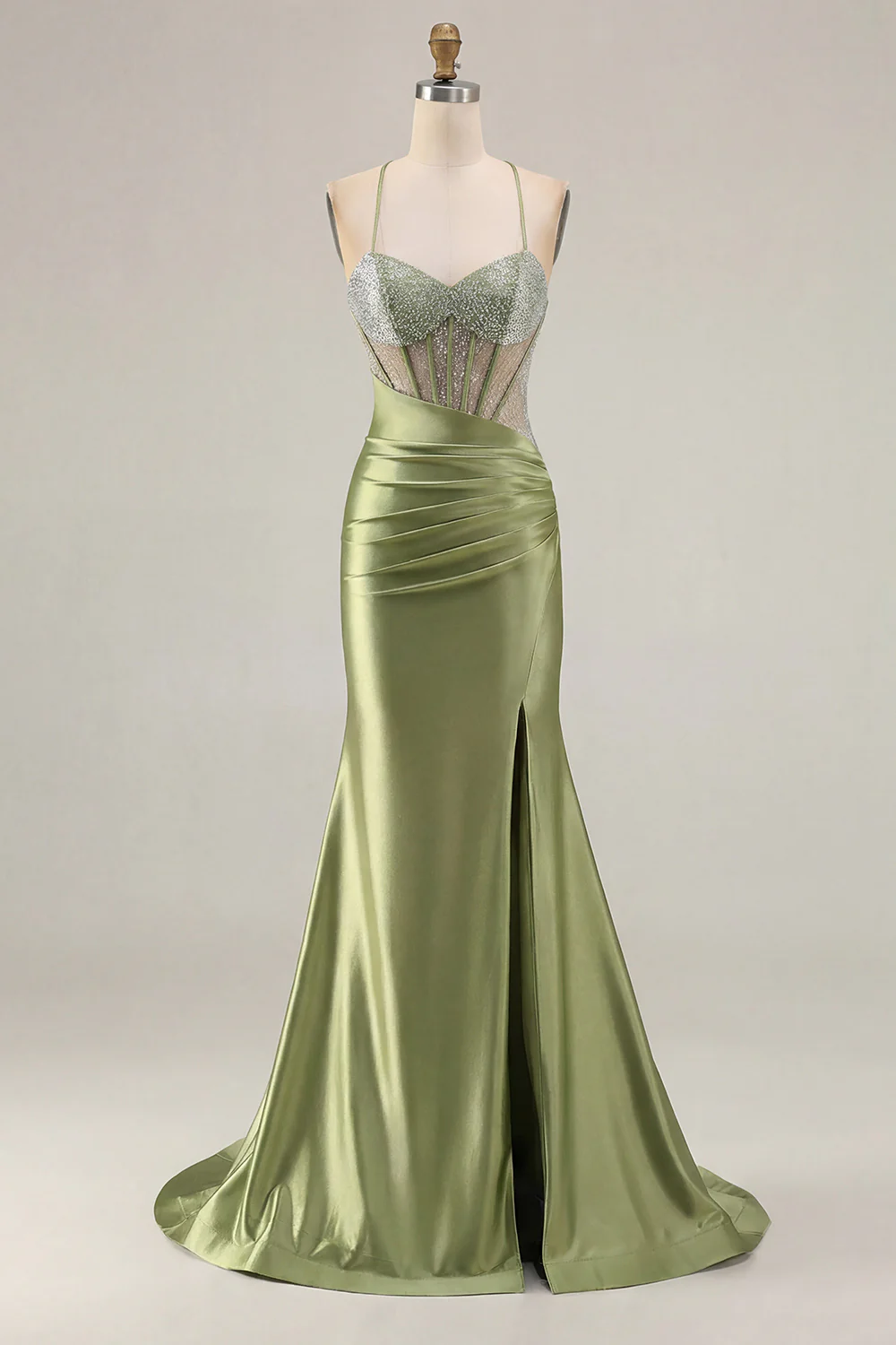 Pink Mermaid Spaghetti Straps Beaded Corset Long Plus Size Prom Dress with Slit - Image 6