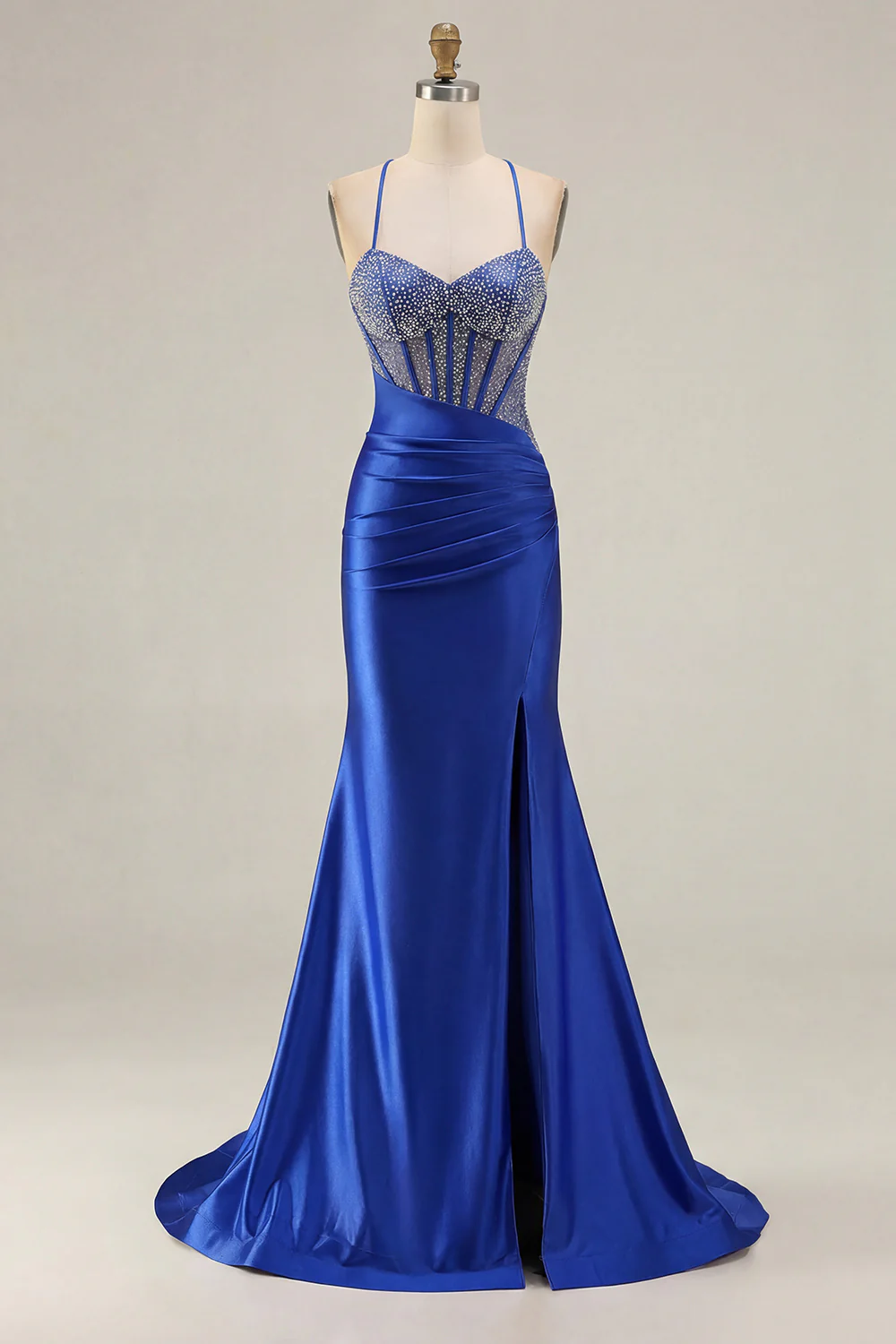 Pink Mermaid Spaghetti Straps Beaded Corset Long Plus Size Prom Dress with Slit - Image 7