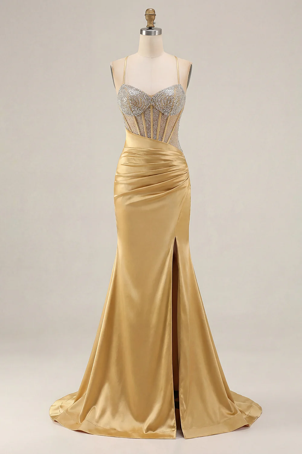 Pink Mermaid Spaghetti Straps Beaded Corset Long Plus Size Prom Dress with Slit - Image 8