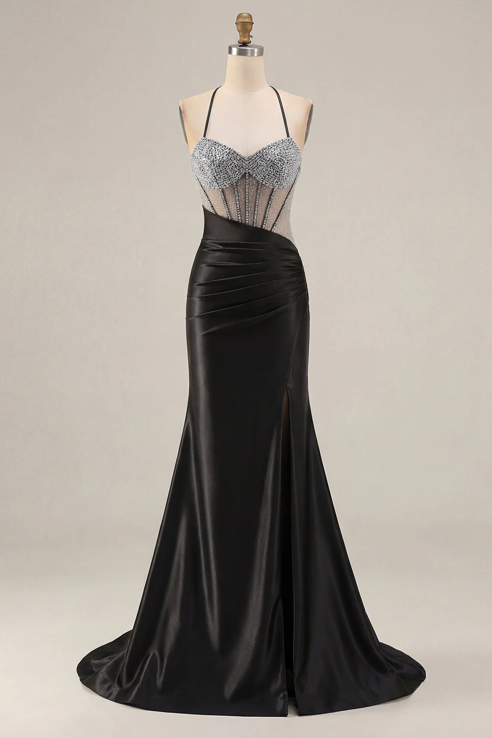 Pink Mermaid Spaghetti Straps Beaded Corset Long Plus Size Prom Dress with Slit - Image 9