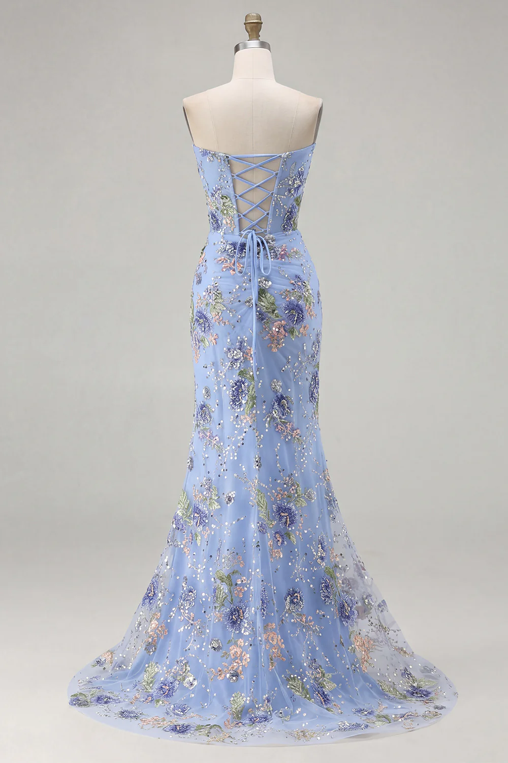 Sparkly Mermaid Strapless Corset Appliqued Sequin Pink Long Prom Dress with Slit - Image 14