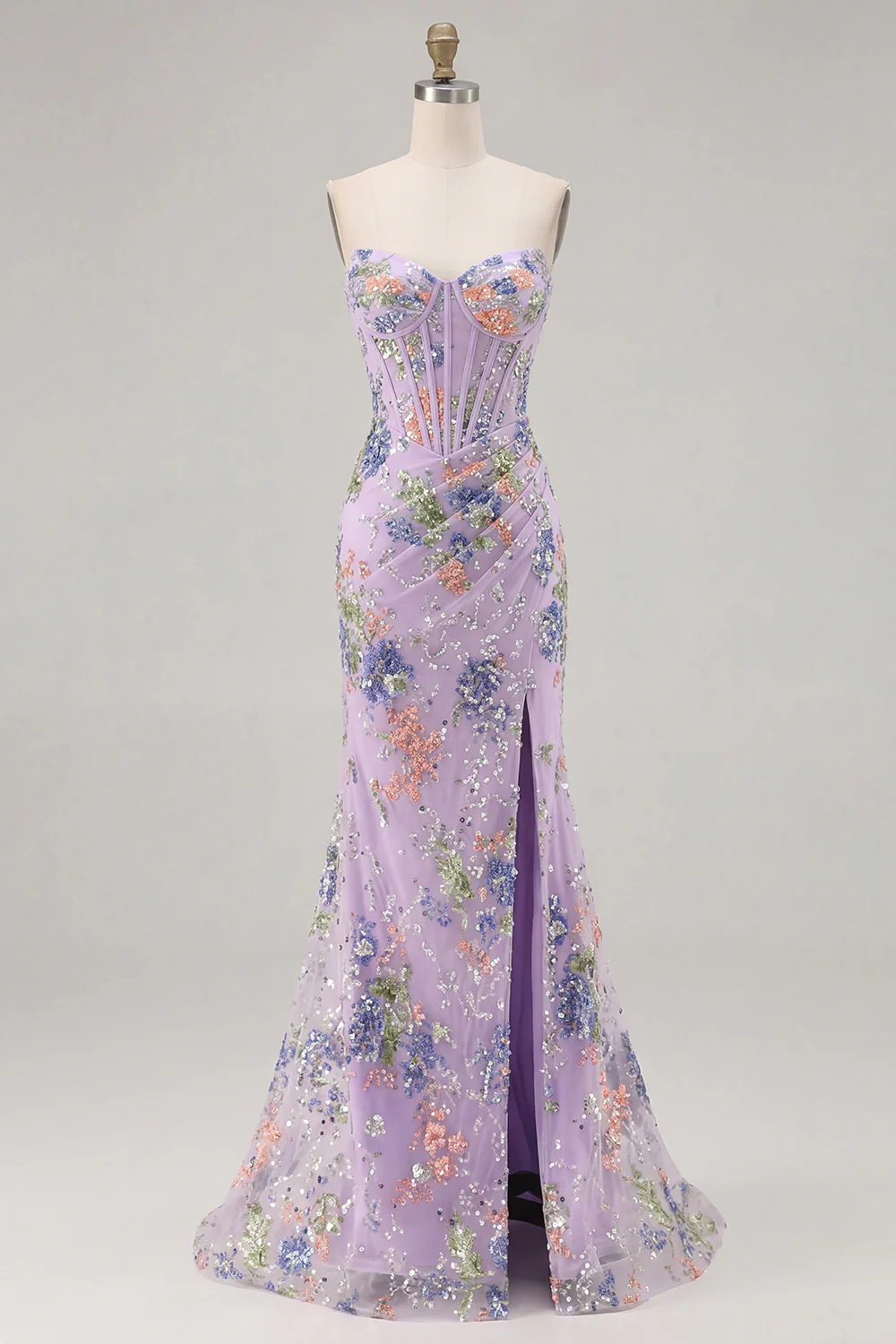 Sparkly Mermaid Strapless Corset Appliqued Sequin Pink Long Prom Dress with Slit - Image 17