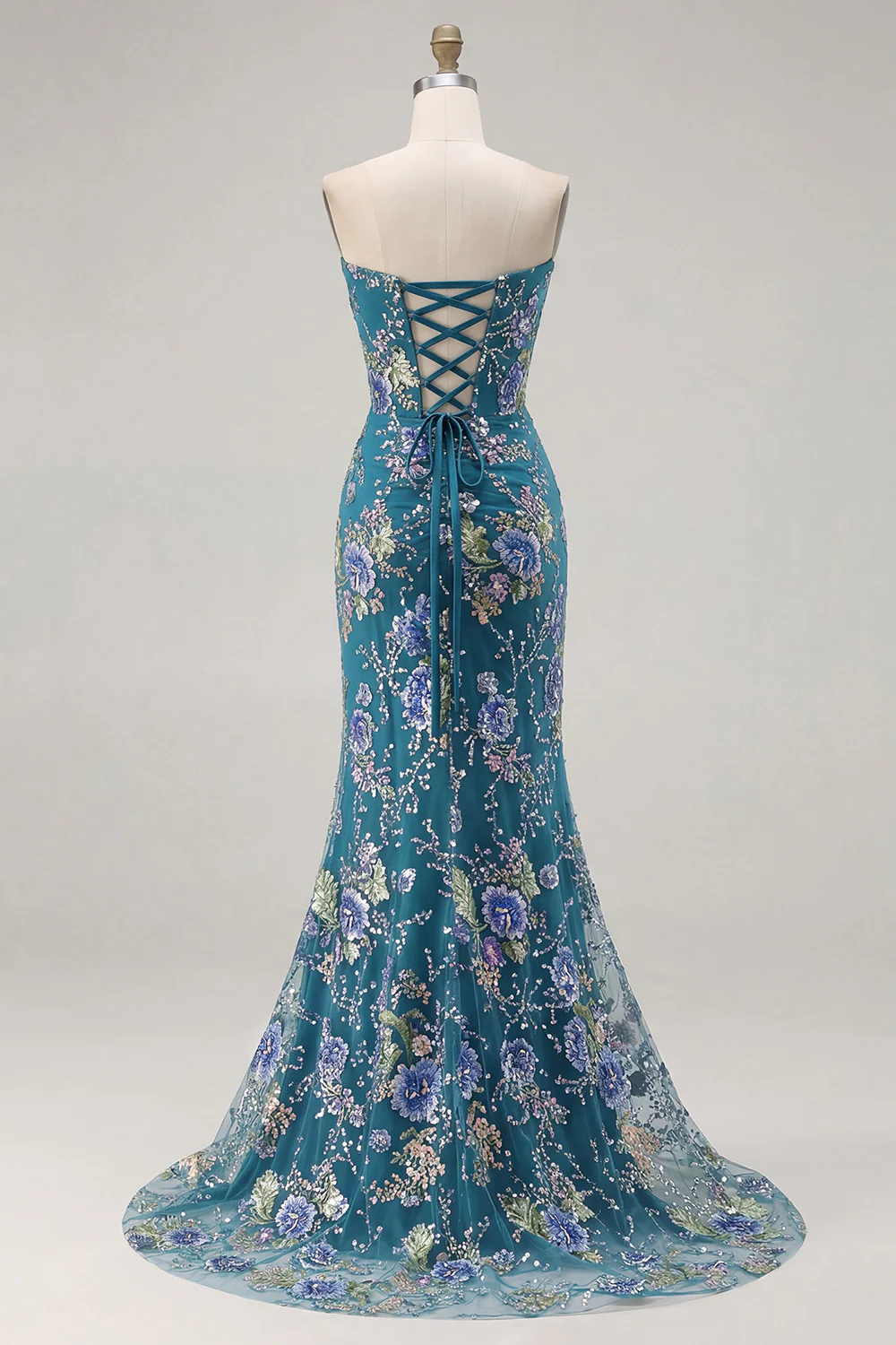 Sparkly Mermaid Strapless Corset Appliqued Sequin Pink Long Prom Dress with Slit - Image 22
