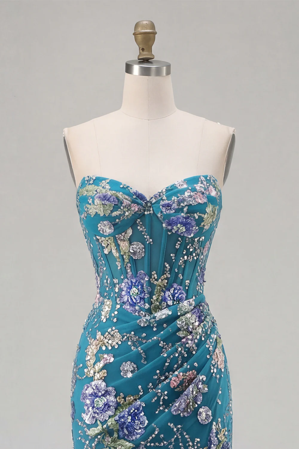 Sparkly Mermaid Strapless Corset Appliqued Sequin Pink Long Prom Dress with Slit - Image 23
