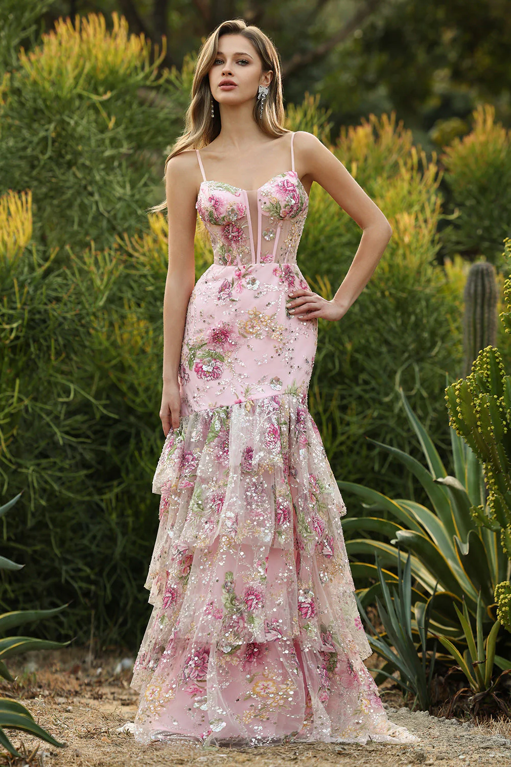 Pink Mermaid Tiered Ruffle Sequin Long Floral Prom Dress with Slit - Image 5
