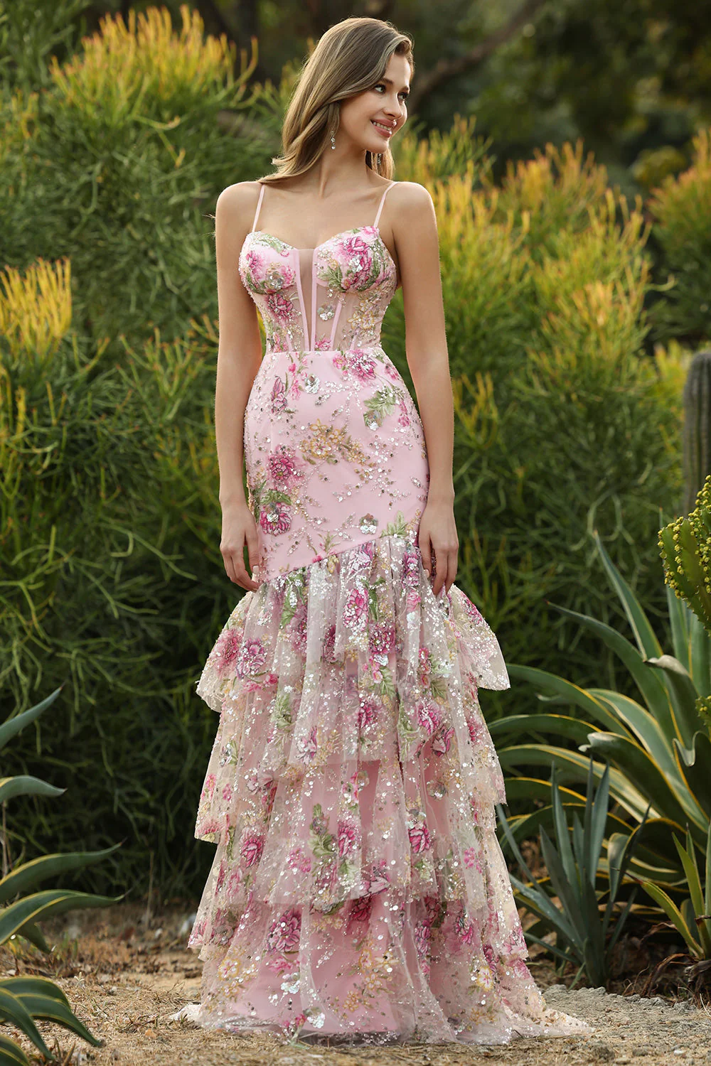 Pink Mermaid Tiered Ruffle Sequin Long Floral Prom Dress with Slit - Image 6