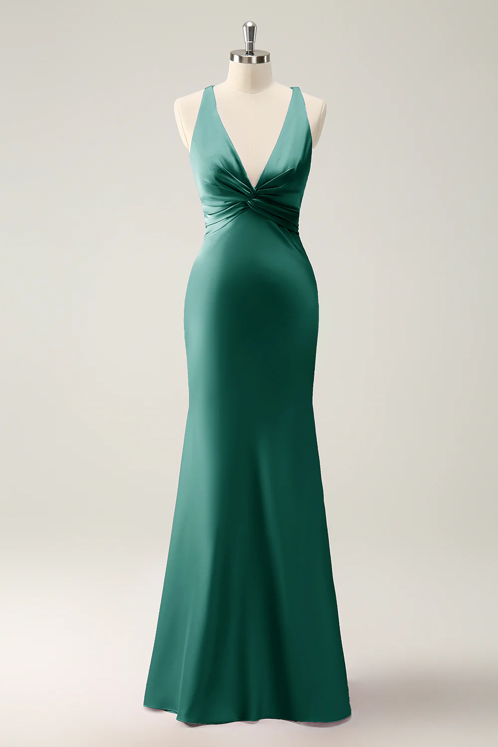 Pink Mermaid V Neck Satin Long Bridesmaid Dress - Image 13