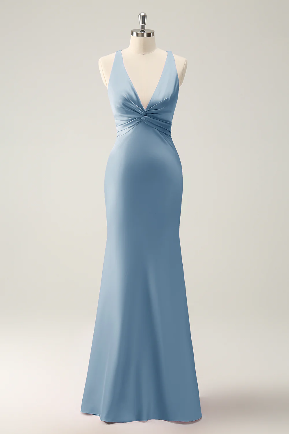 Pink Mermaid V Neck Satin Long Bridesmaid Dress - Image 15