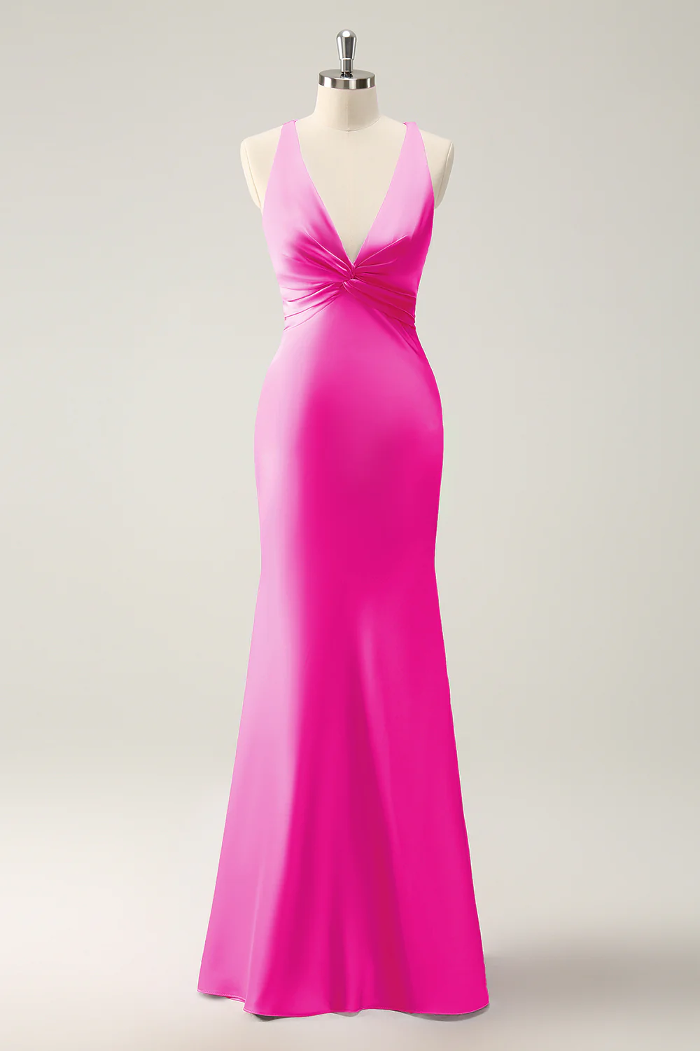 Pink Mermaid V Neck Satin Long Bridesmaid Dress - Image 21