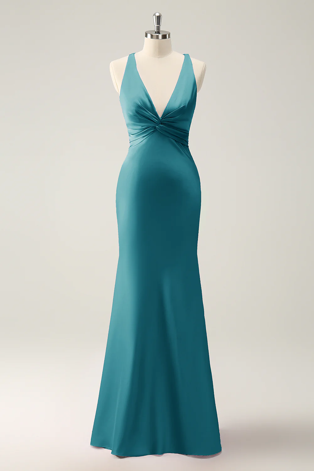 Pink Mermaid V Neck Satin Long Bridesmaid Dress - Image 23