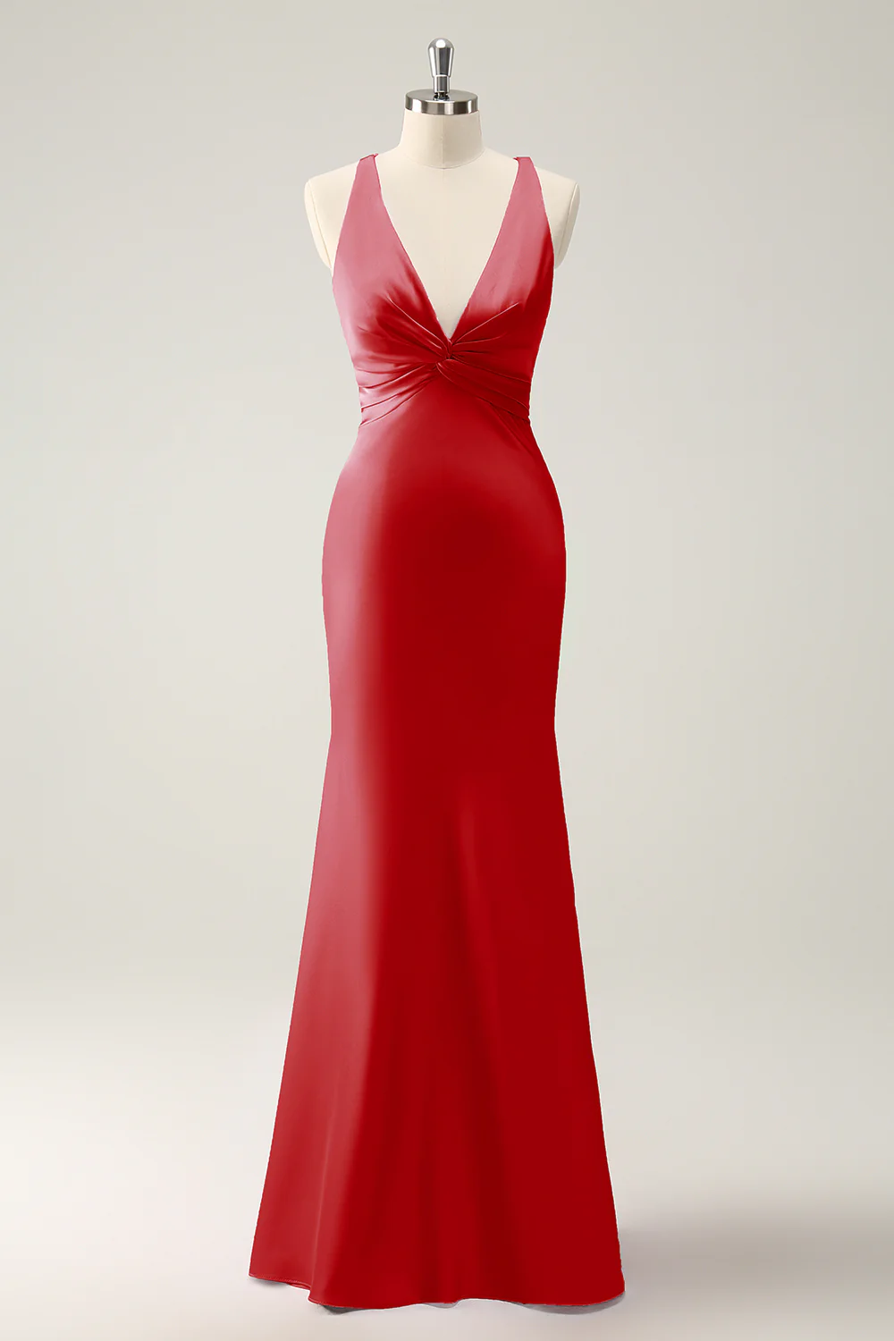 Pink Mermaid V Neck Satin Long Bridesmaid Dress - Image 25