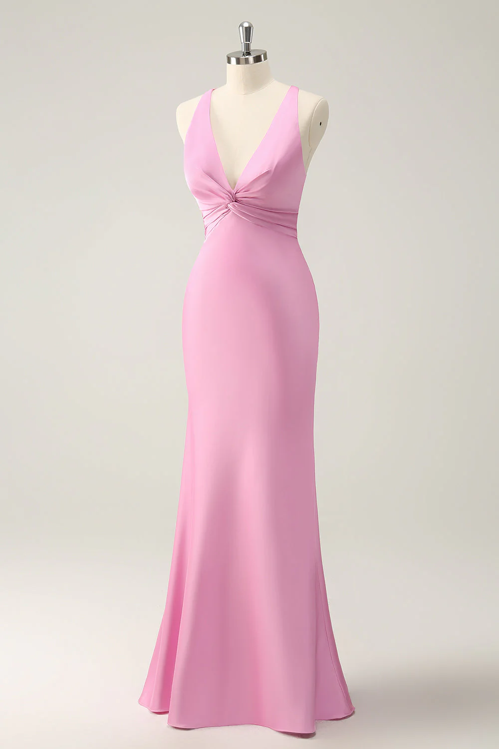 Pink Mermaid V Neck Satin Long Bridesmaid Dress - Image 5