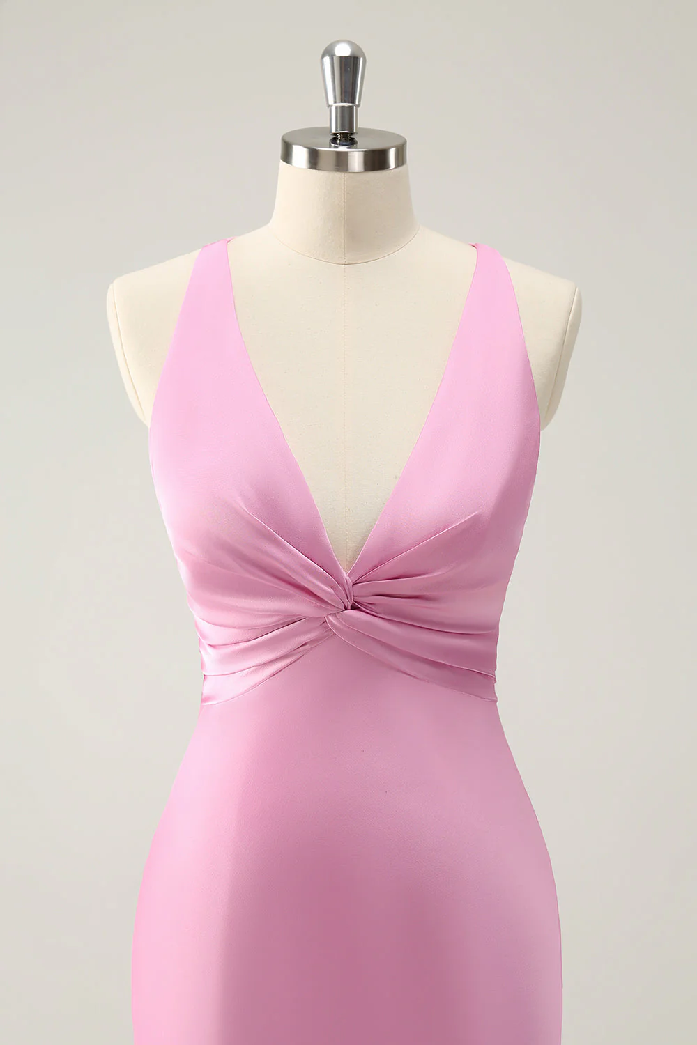 Pink Mermaid V Neck Satin Long Bridesmaid Dress - Image 6